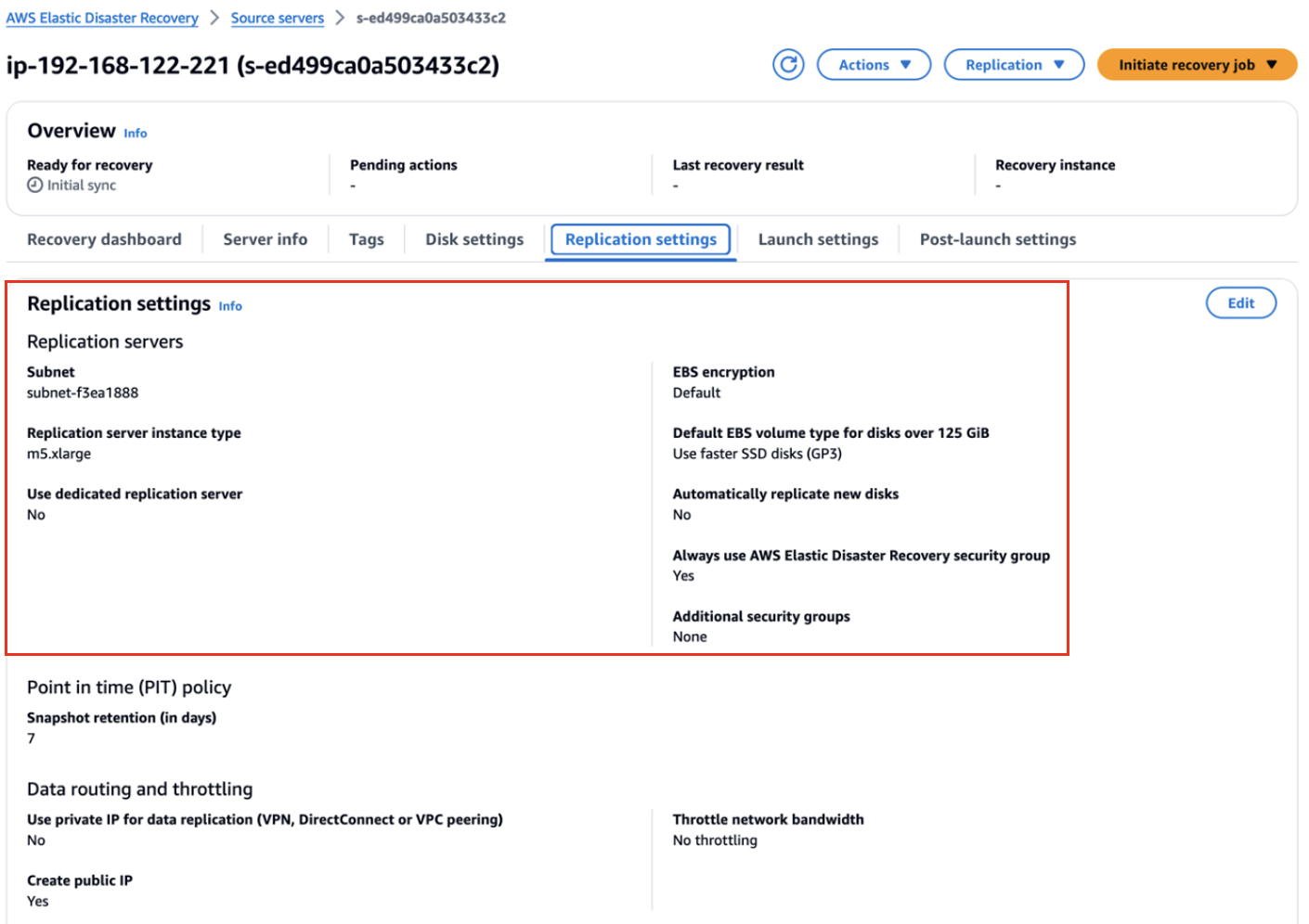 Figure 4. Shows status and details of replication and launch settings